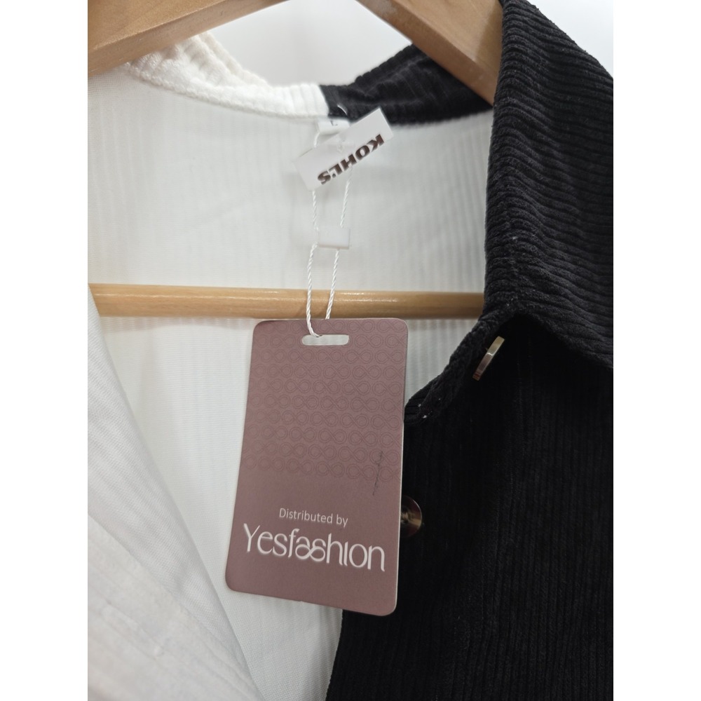 NWT Oversized Color Block Ribbed Button Front Shirt L Long Sleeve Black White - Picture 9 of 13